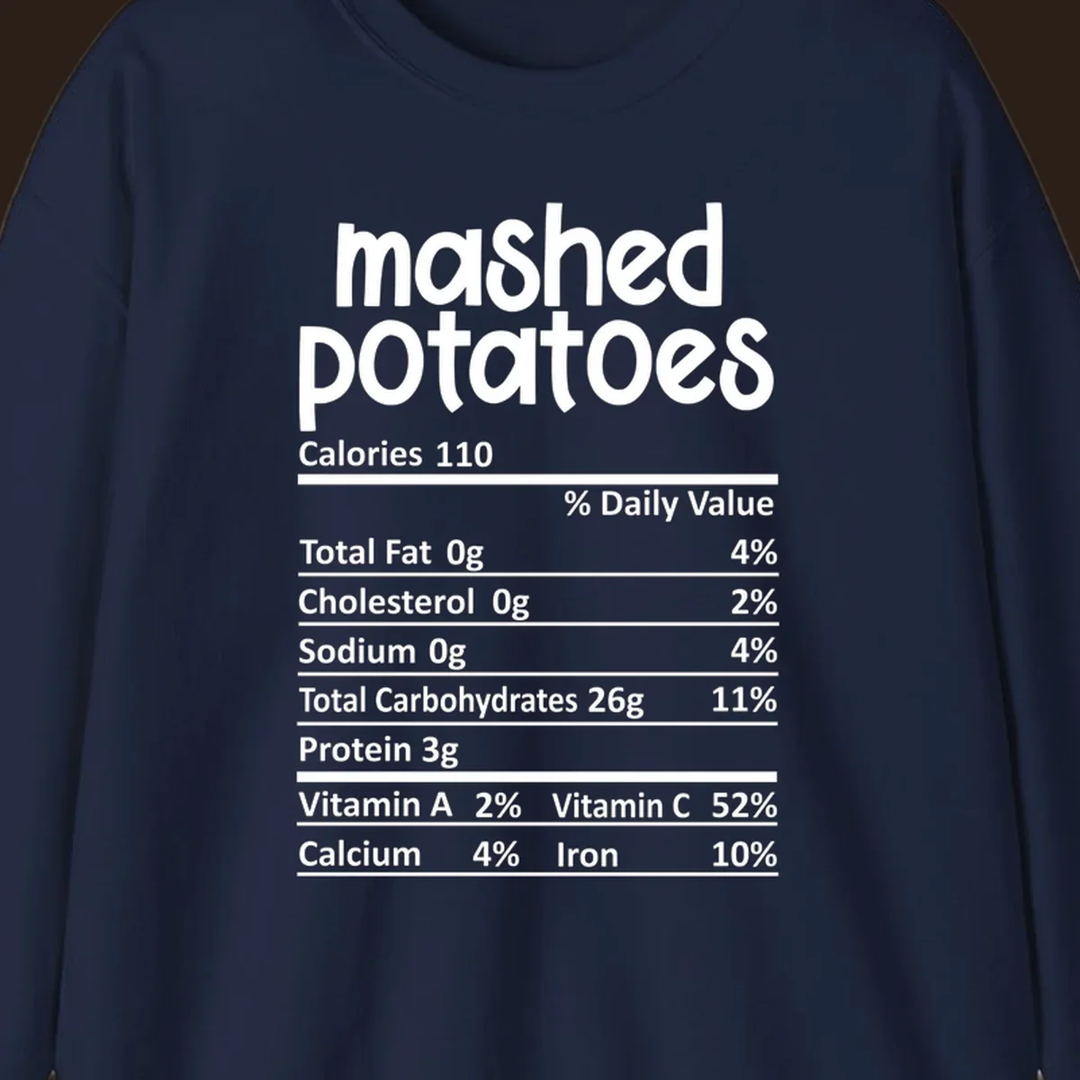 Mashed potatoes nutrition facts label design with white text on black.