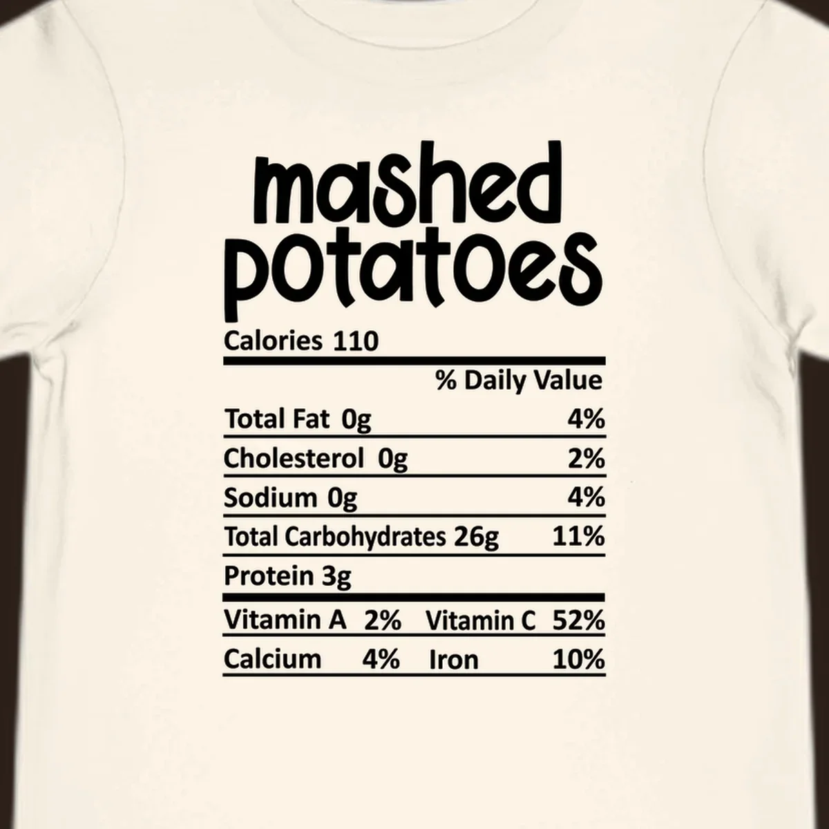 Mashed potatoes nutrition facts label design with white text on black.