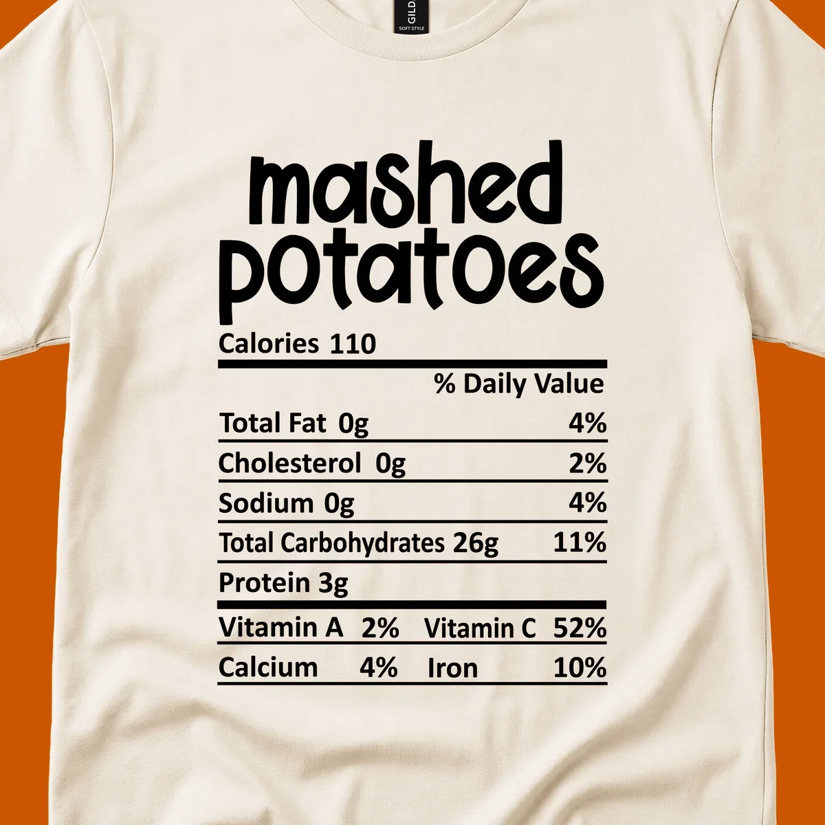 Mashed potatoes nutrition facts label design with white text on black.