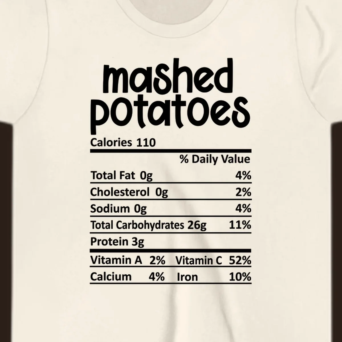 Mashed potatoes nutrition facts label design with white text on black.