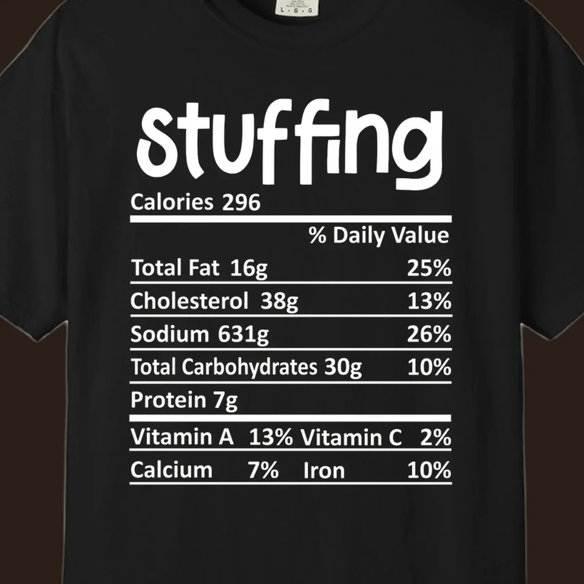 Stuffing nutrition label design with calories and daily values.