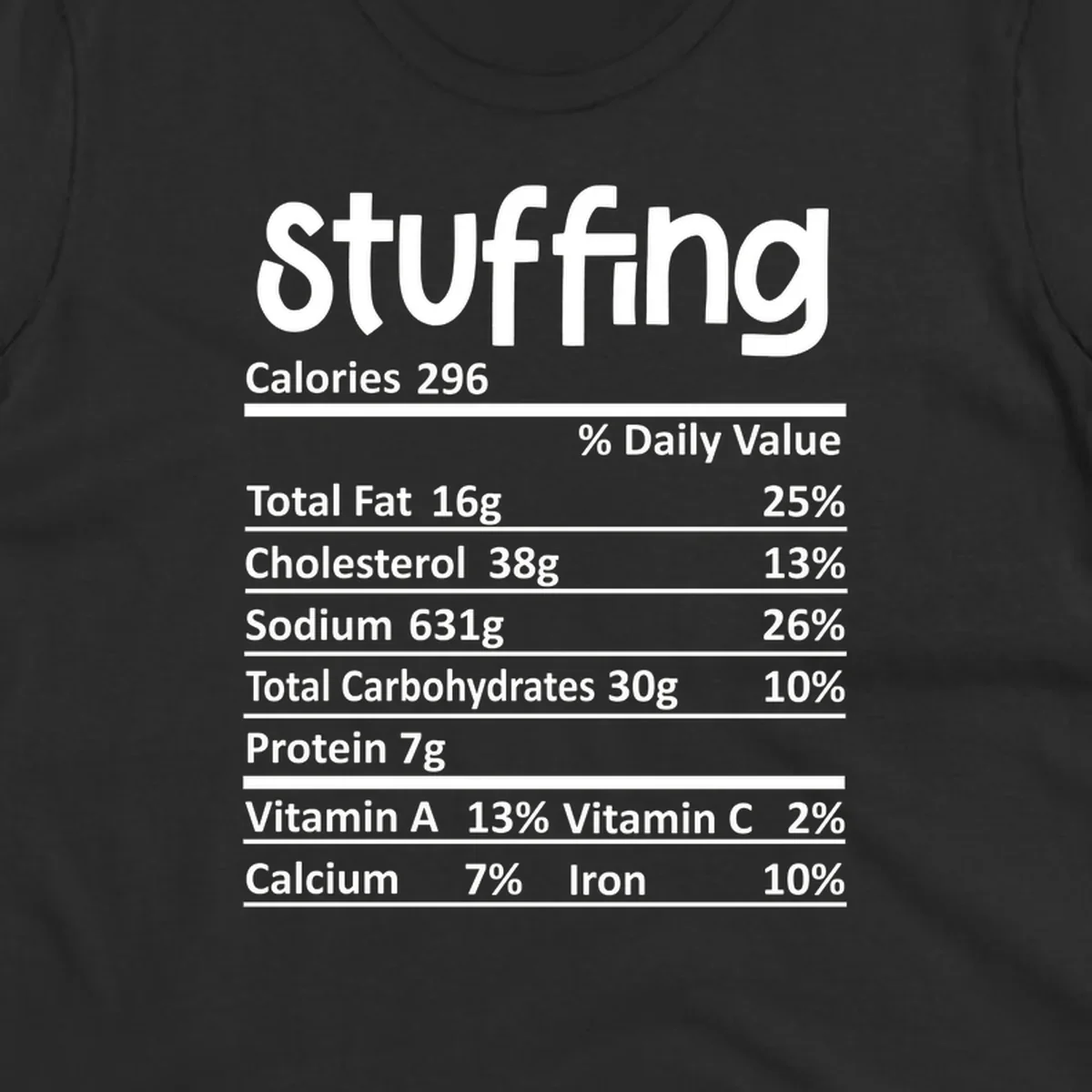 Stuffing nutrition label design with calories and daily values.
