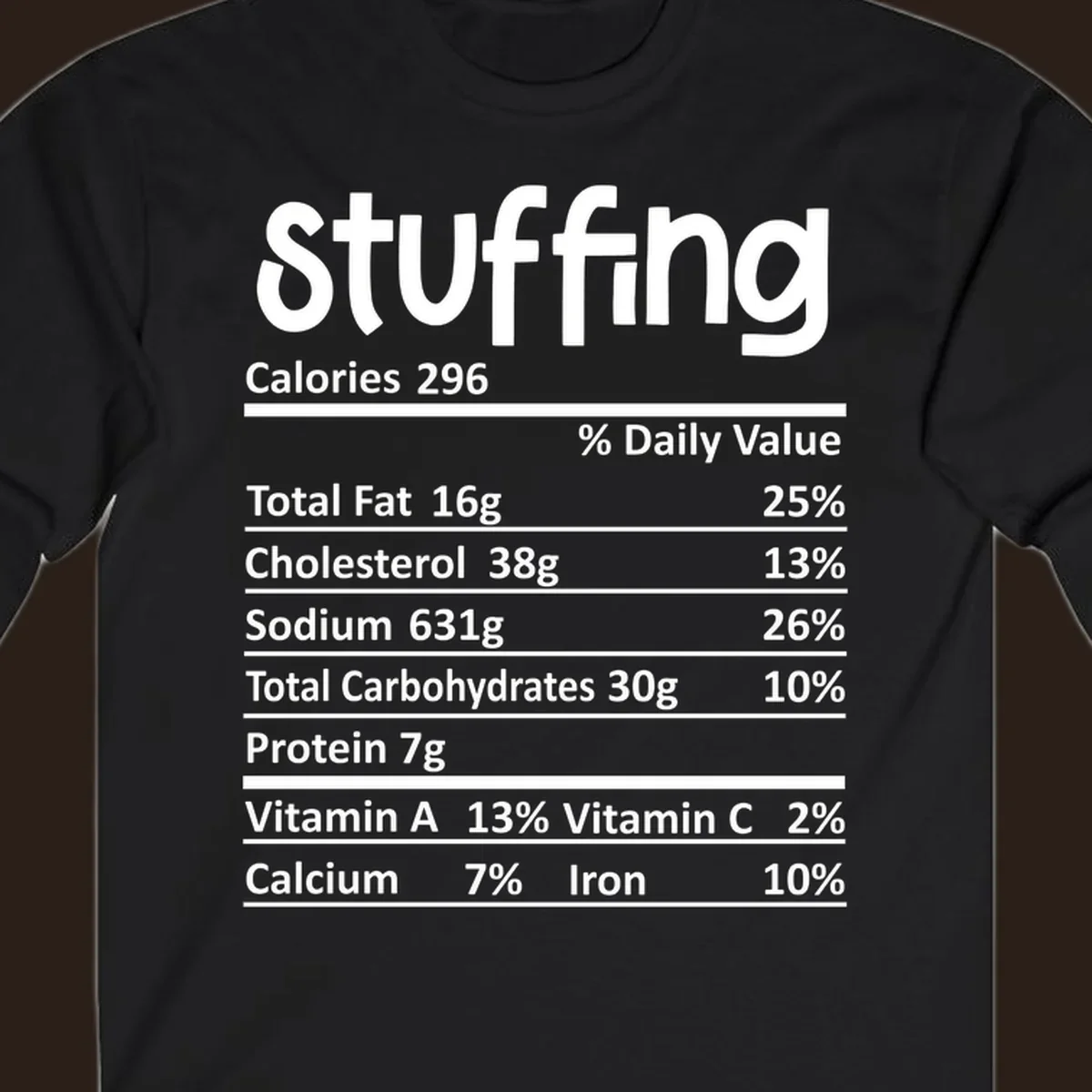 Stuffing nutrition label design with calories and daily values.