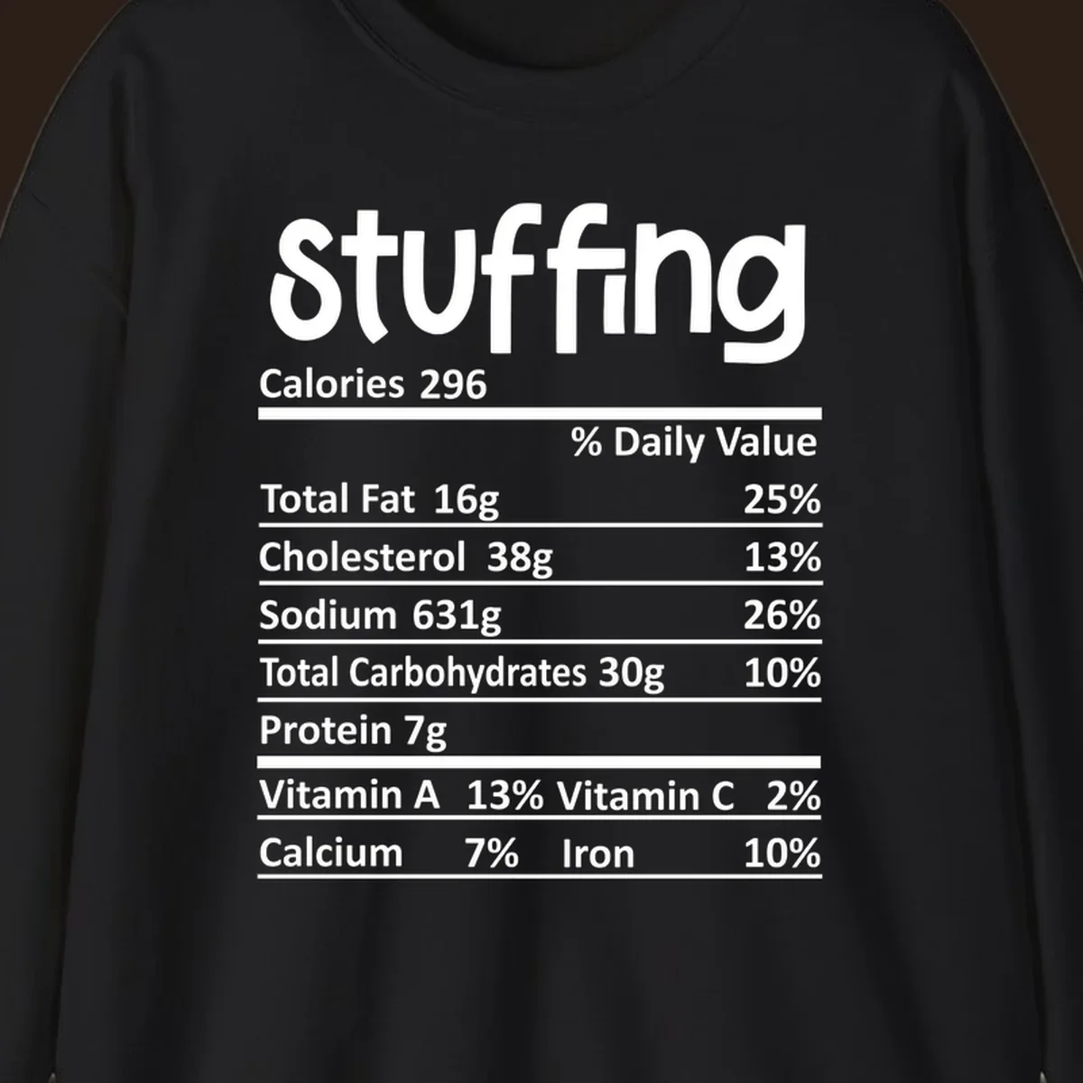 Stuffing nutrition label design with calories and daily values.