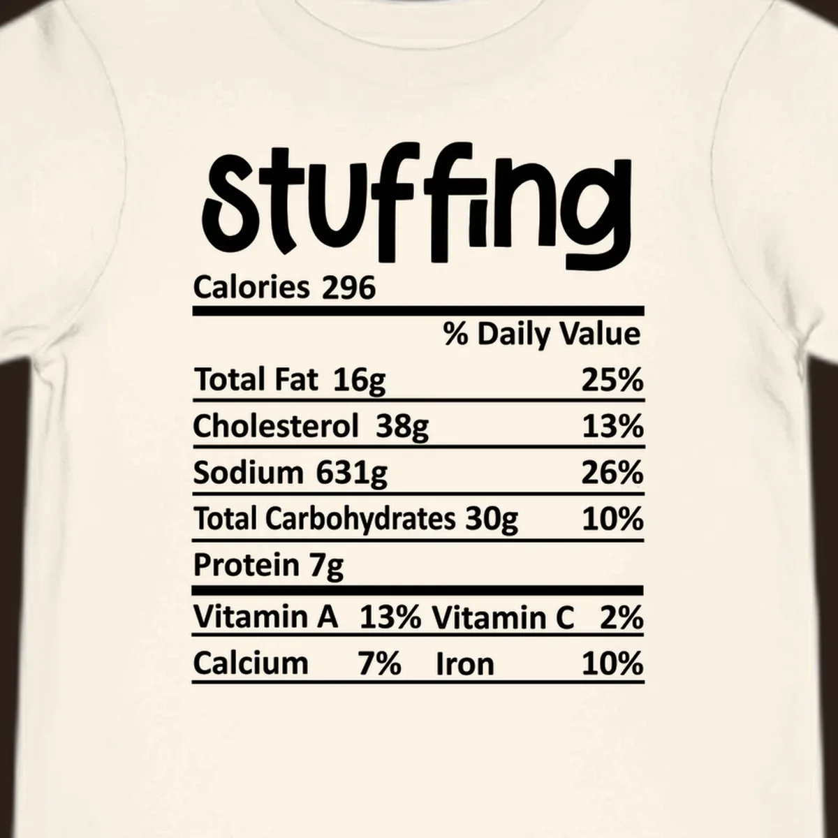 Stuffing nutrition label design with calories and daily values.