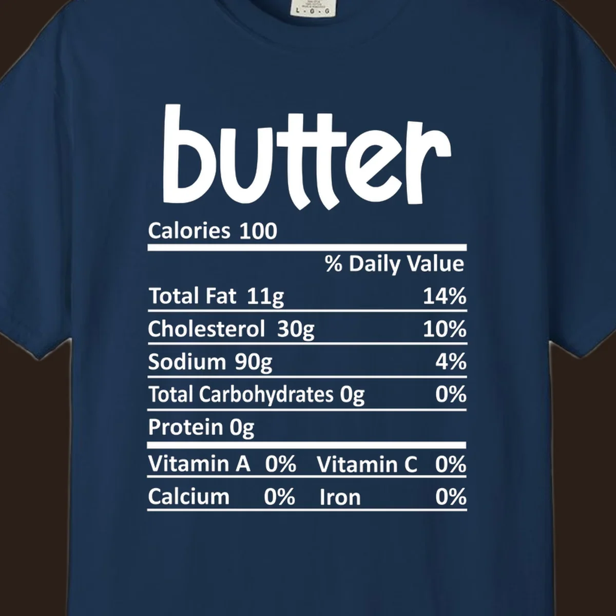 Butter nutrition facts label with calories, fat, cholesterol, sodium, carbs, protein, and vitamins.