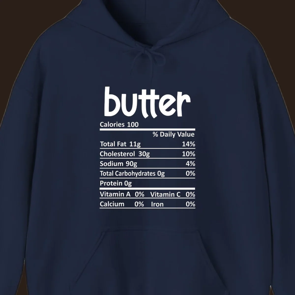 Butter nutrition facts label with calories, fat, cholesterol, sodium, carbs, protein, and vitamins.