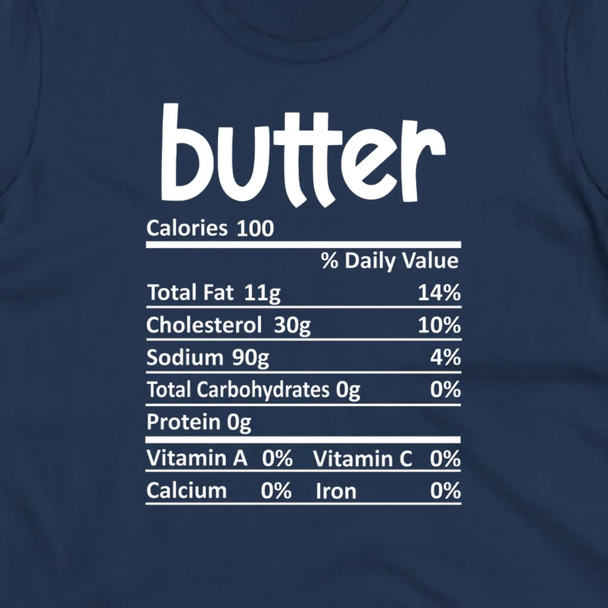 Butter nutrition facts label with calories, fat, cholesterol, sodium, carbs, protein, and vitamins.