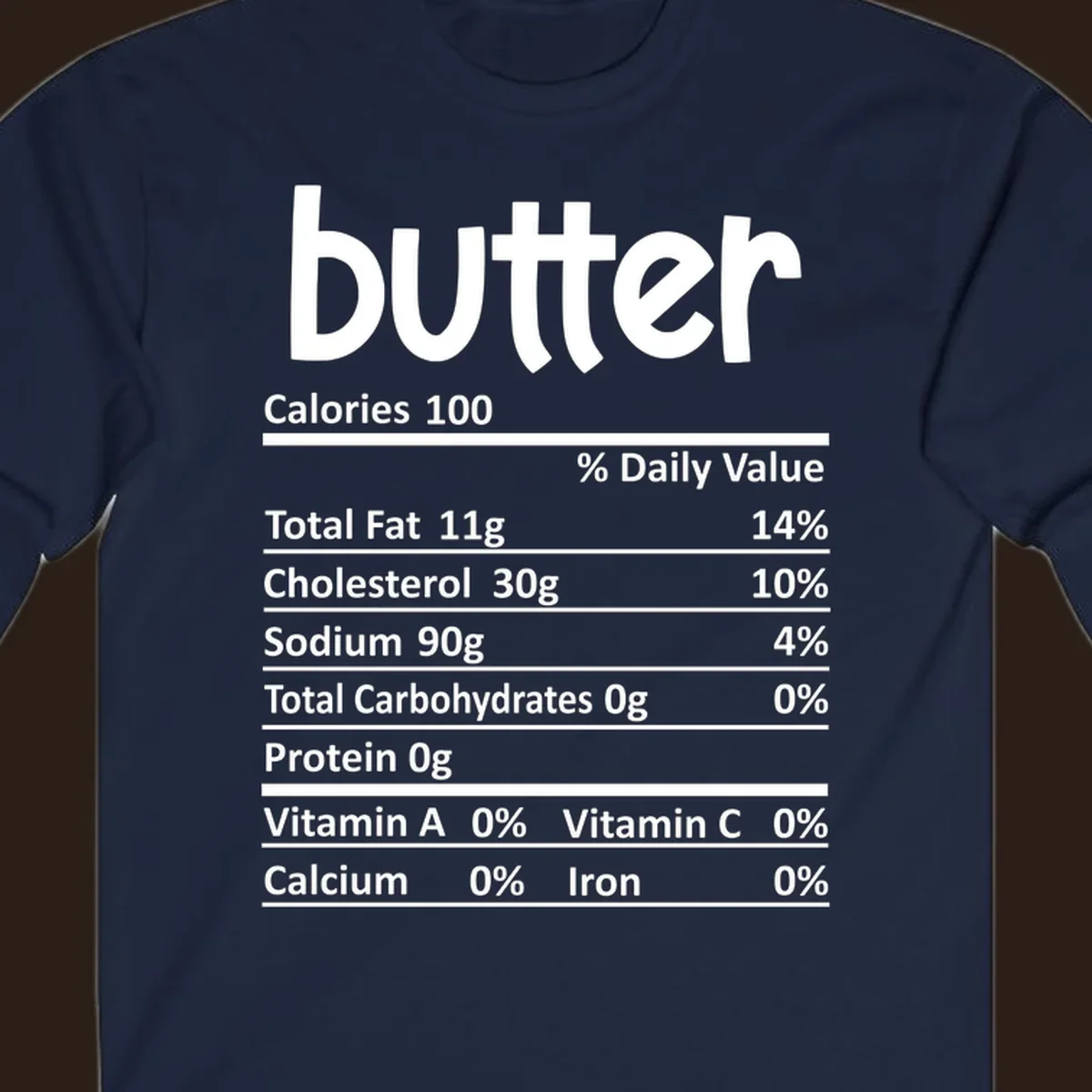 Butter nutrition facts label with calories, fat, cholesterol, sodium, carbs, protein, and vitamins.