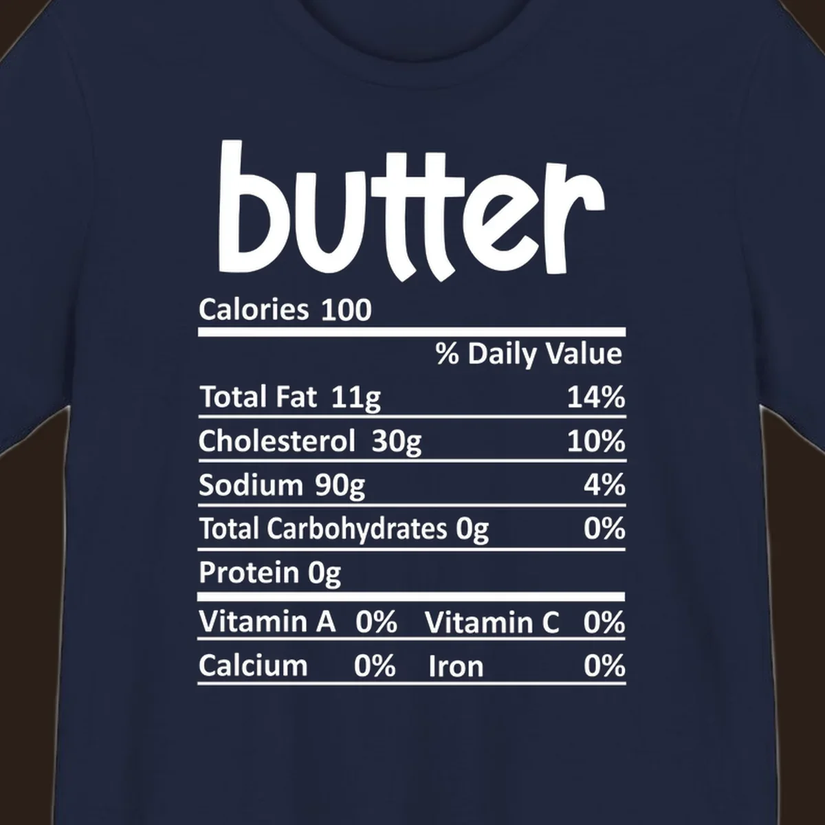 Butter nutrition facts label with calories, fat, cholesterol, sodium, carbs, protein, and vitamins.