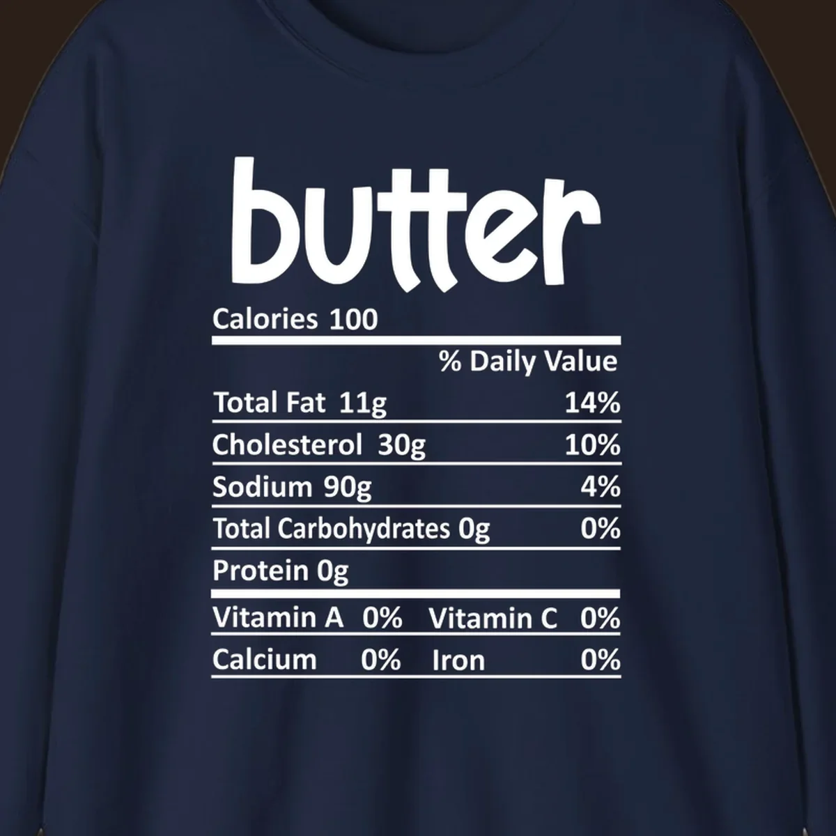 Butter nutrition facts label with calories, fat, cholesterol, sodium, carbs, protein, and vitamins.