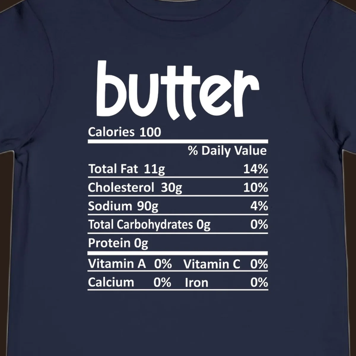 Butter nutrition facts label with calories, fat, cholesterol, sodium, carbs, protein, and vitamins.