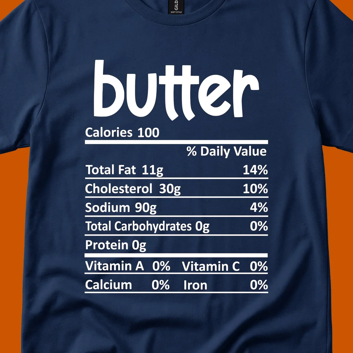 Butter nutrition facts label with calories, fat, cholesterol, sodium, carbs, protein, and vitamins.