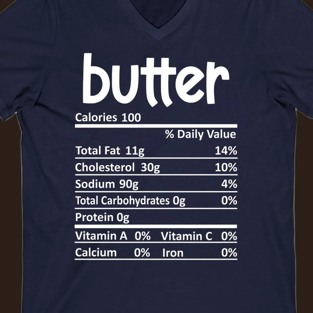 Butter nutrition facts label with calories, fat, cholesterol, sodium, carbs, protein, and vitamins.