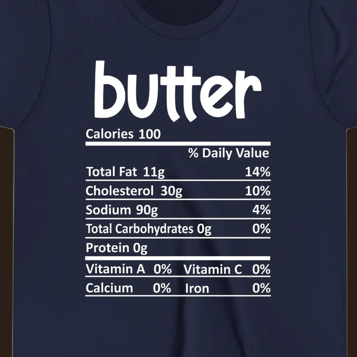 Butter nutrition facts label with calories, fat, cholesterol, sodium, carbs, protein, and vitamins.