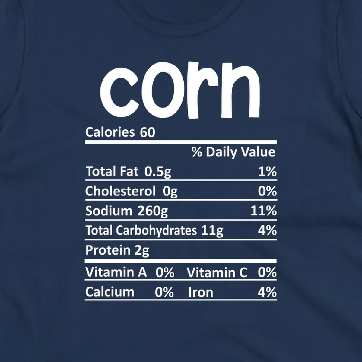 White text 'corn' and a nutritional facts label on a dark background.