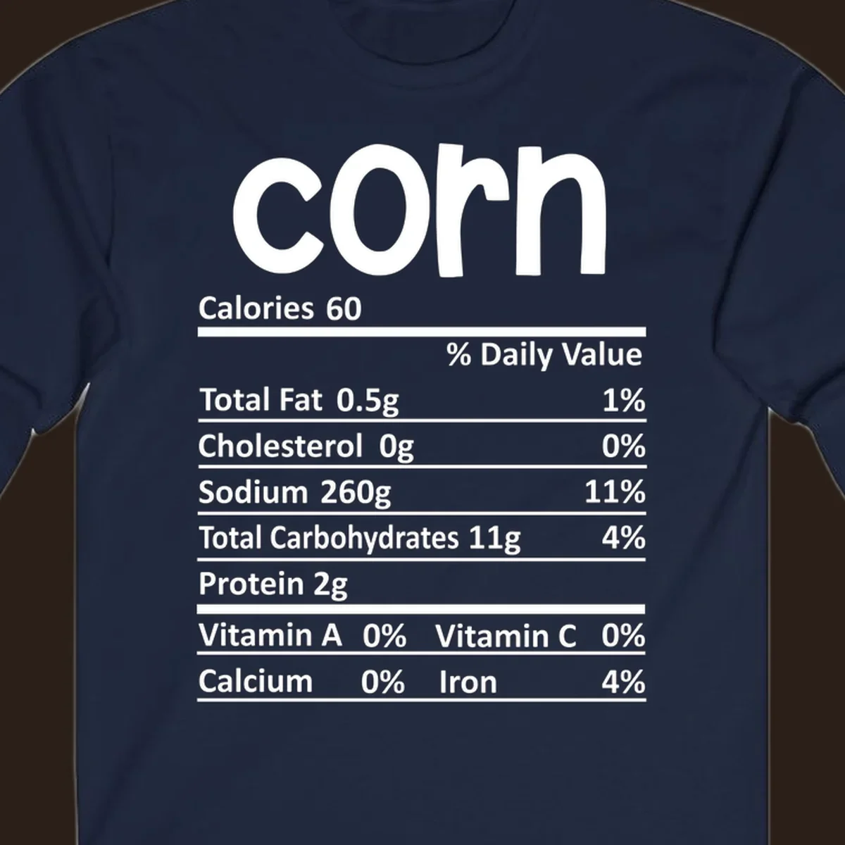White text 'corn' and a nutritional facts label on a dark background.