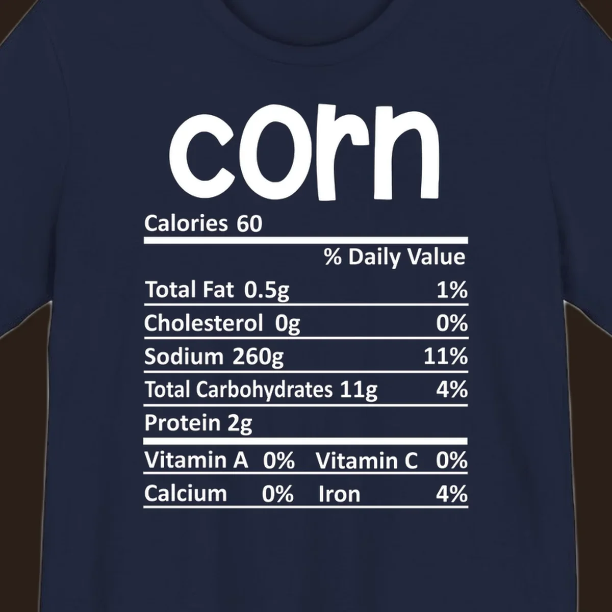 White text 'corn' and a nutritional facts label on a dark background.