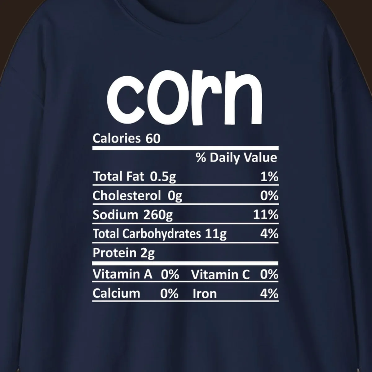 White text 'corn' and a nutritional facts label on a dark background.