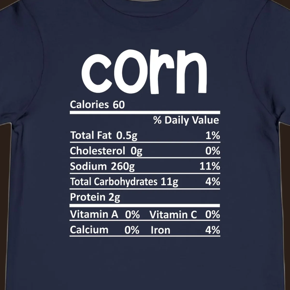 White text 'corn' and a nutritional facts label on a dark background.