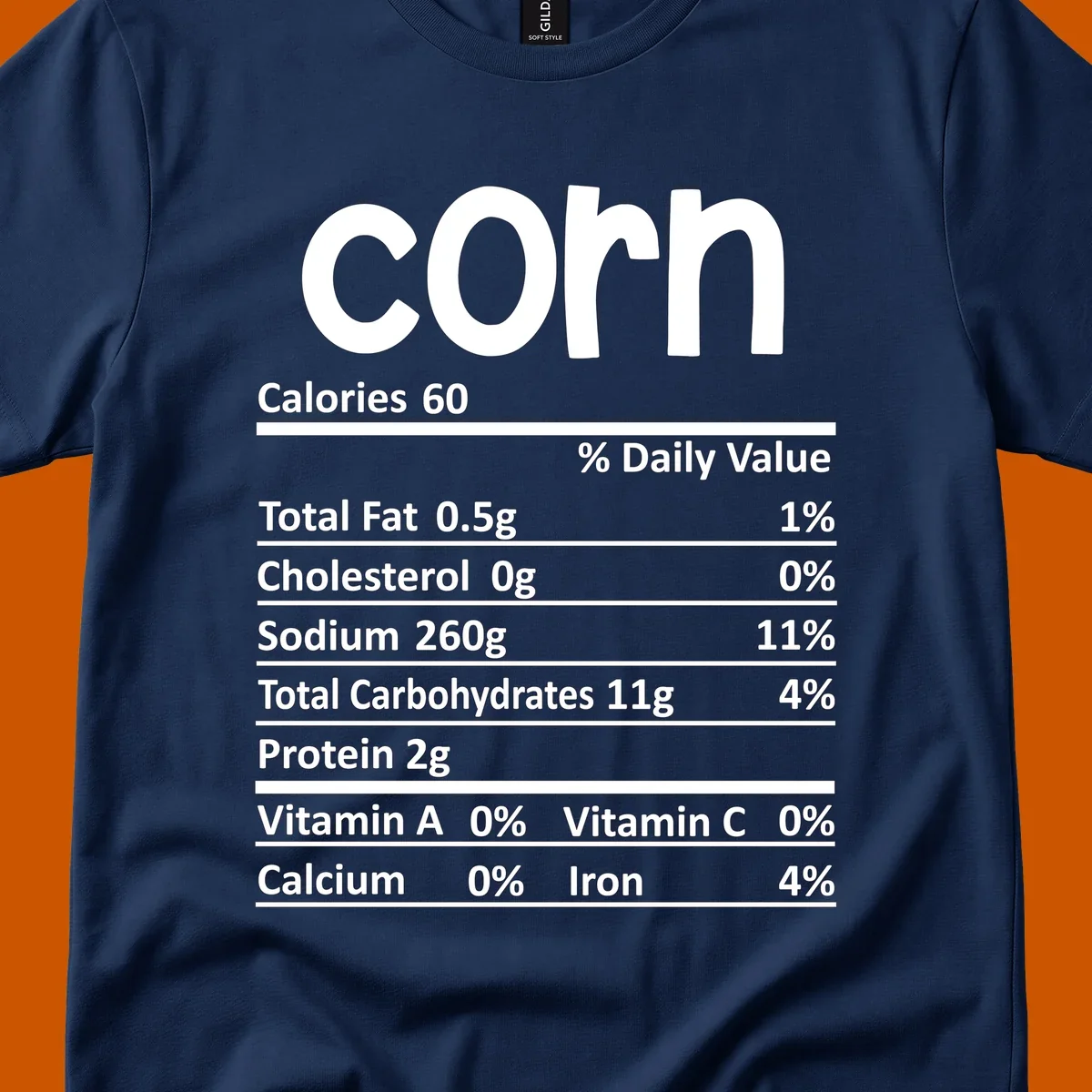White text 'corn' and a nutritional facts label on a dark background.