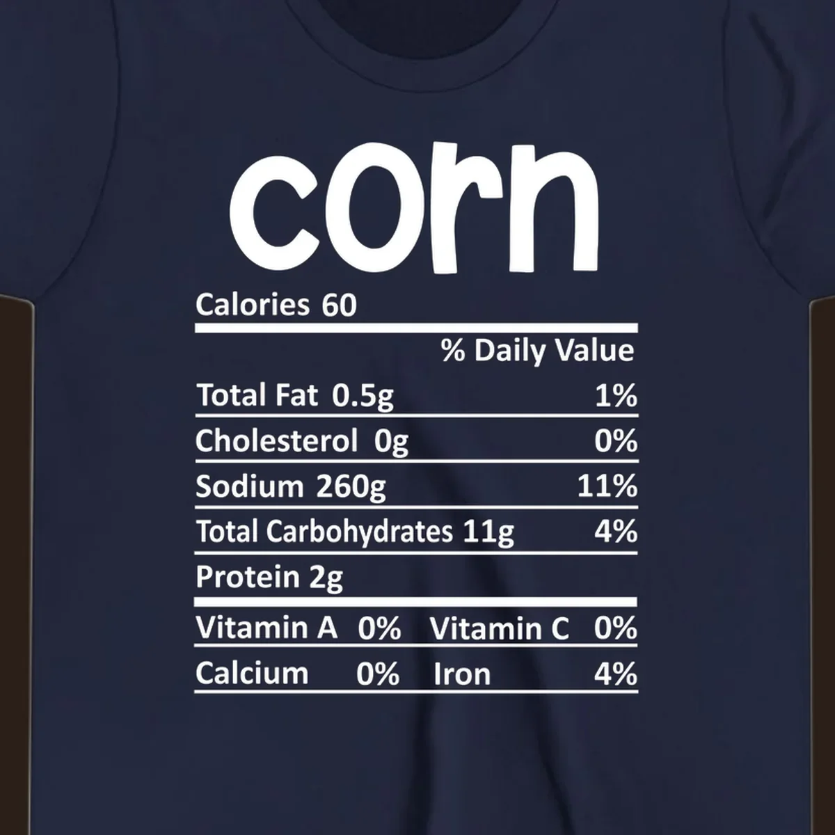 White text 'corn' and a nutritional facts label on a dark background.