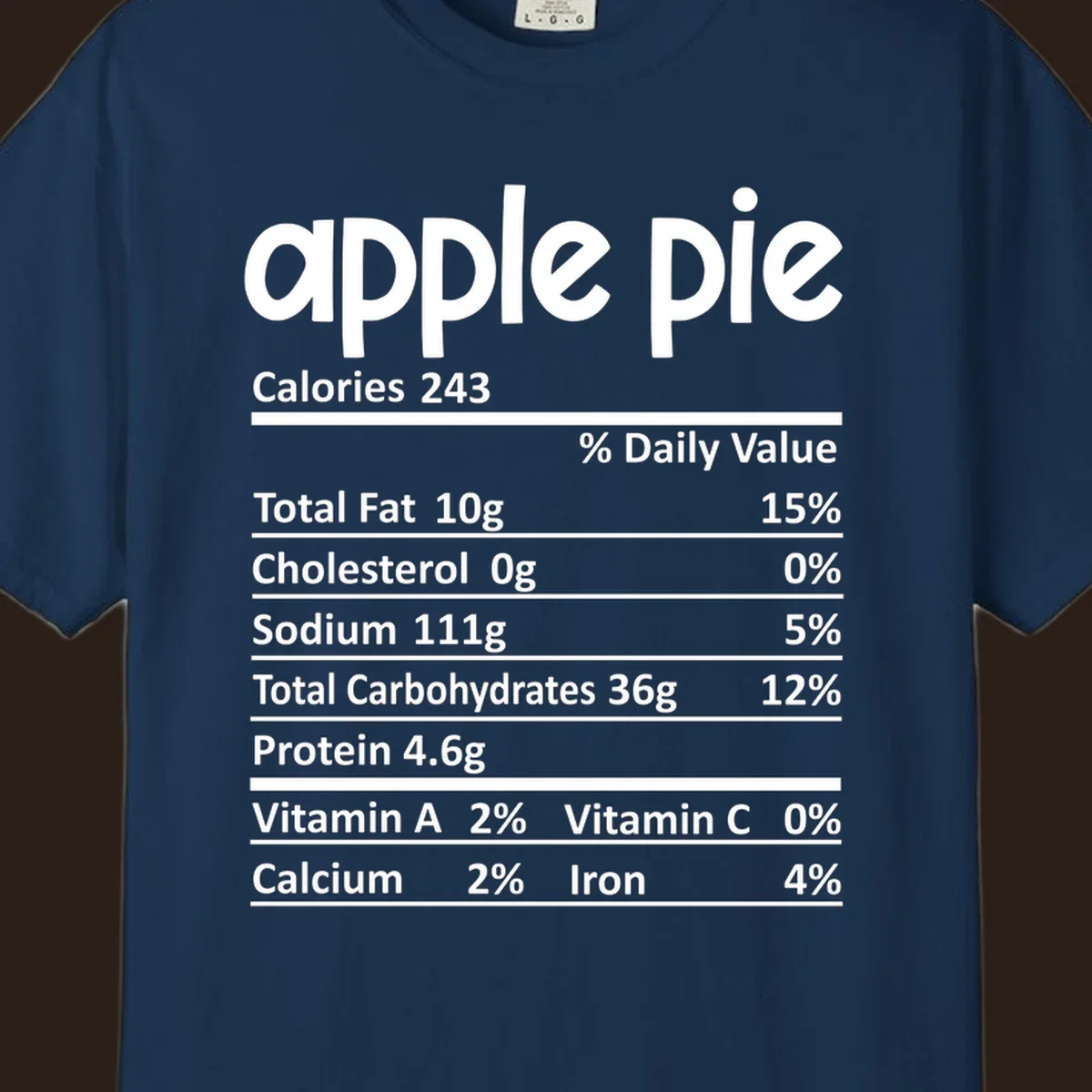 Apple pie nutrition facts label with calories, fat, carbs, protein, vitamins, and minerals.