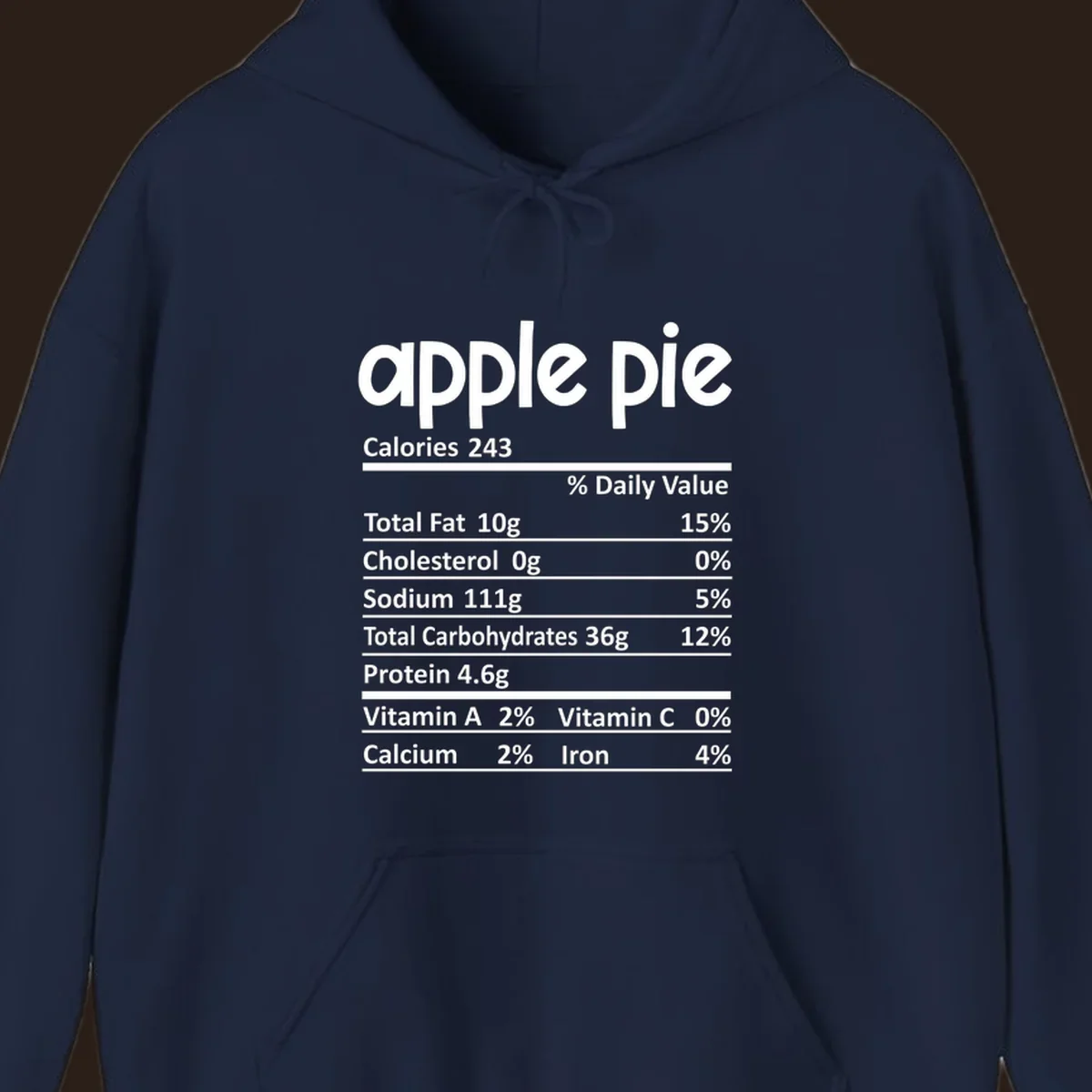 Apple pie nutrition facts label with calories, fat, carbs, protein, vitamins, and minerals.