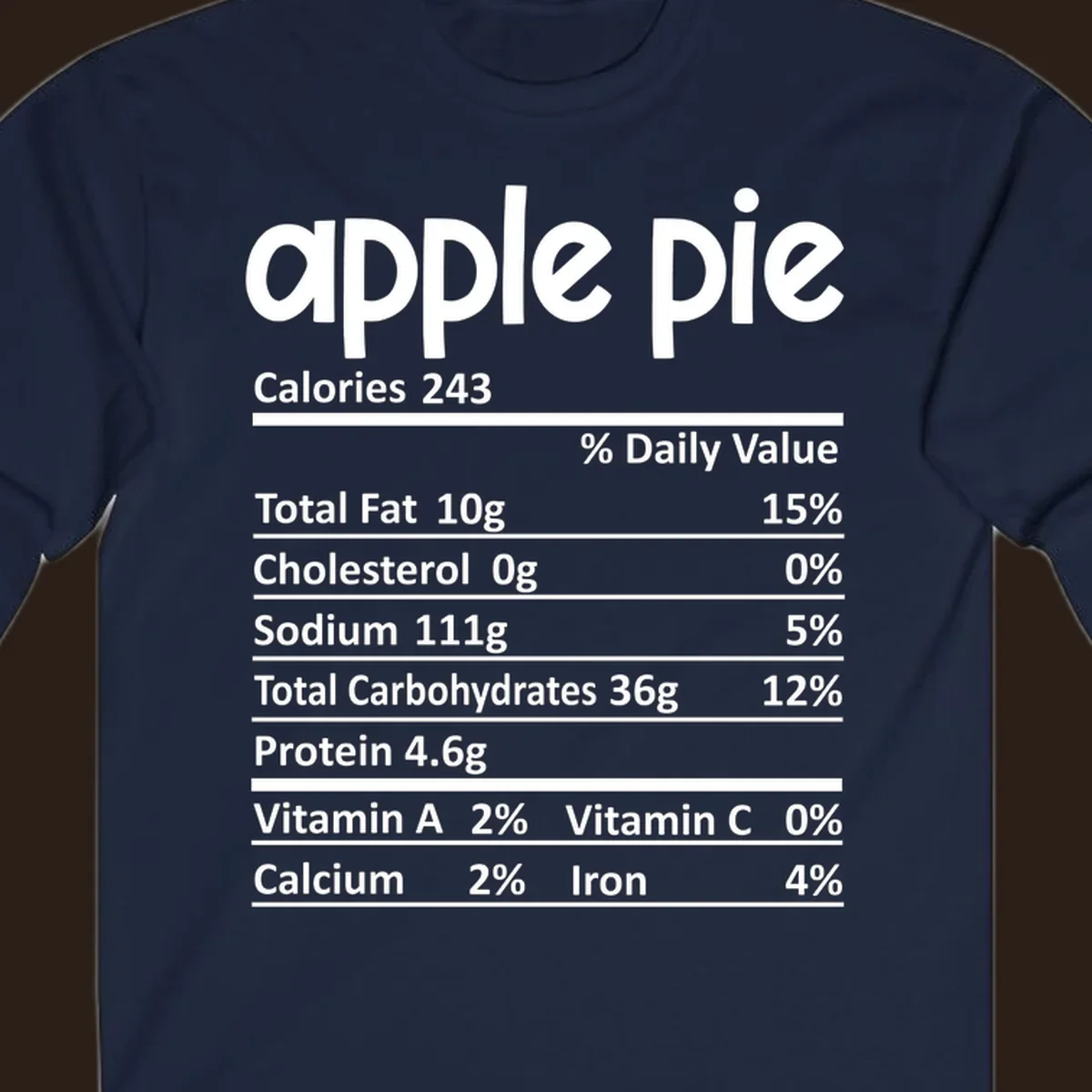 Apple pie nutrition facts label with calories, fat, carbs, protein, vitamins, and minerals.