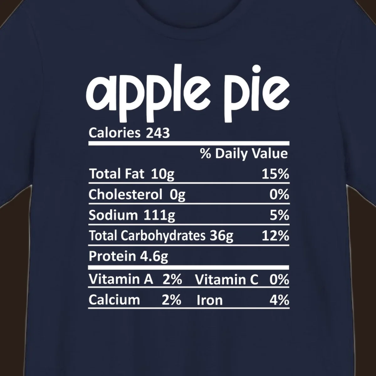Apple pie nutrition facts label with calories, fat, carbs, protein, vitamins, and minerals.
