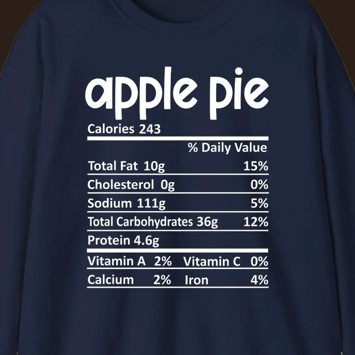 Apple pie nutrition facts label with calories, fat, carbs, protein, vitamins, and minerals.