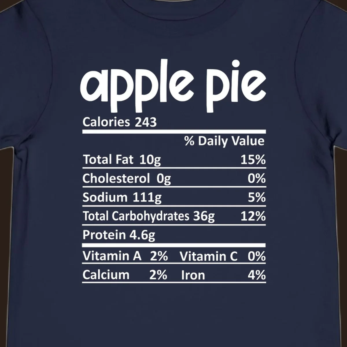 Apple pie nutrition facts label with calories, fat, carbs, protein, vitamins, and minerals.