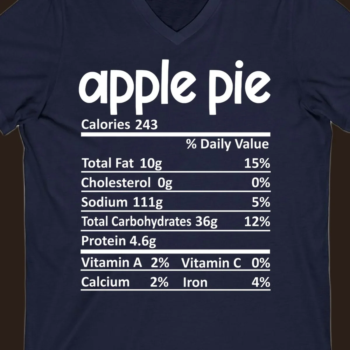 Apple pie nutrition facts label with calories, fat, carbs, protein, vitamins, and minerals.