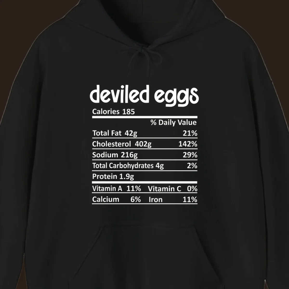 Deviled eggs nutrition label with calories, fat, cholesterol, sodium, carbs, protein, vitamins, calcium, and iron.