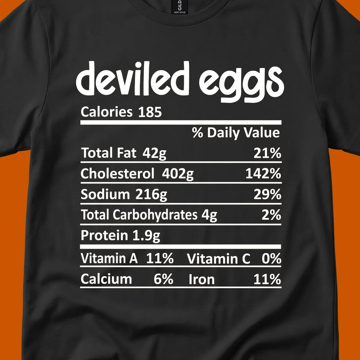 Deviled eggs nutrition label with calories, fat, cholesterol, sodium, carbs, protein, vitamins, calcium, and iron.