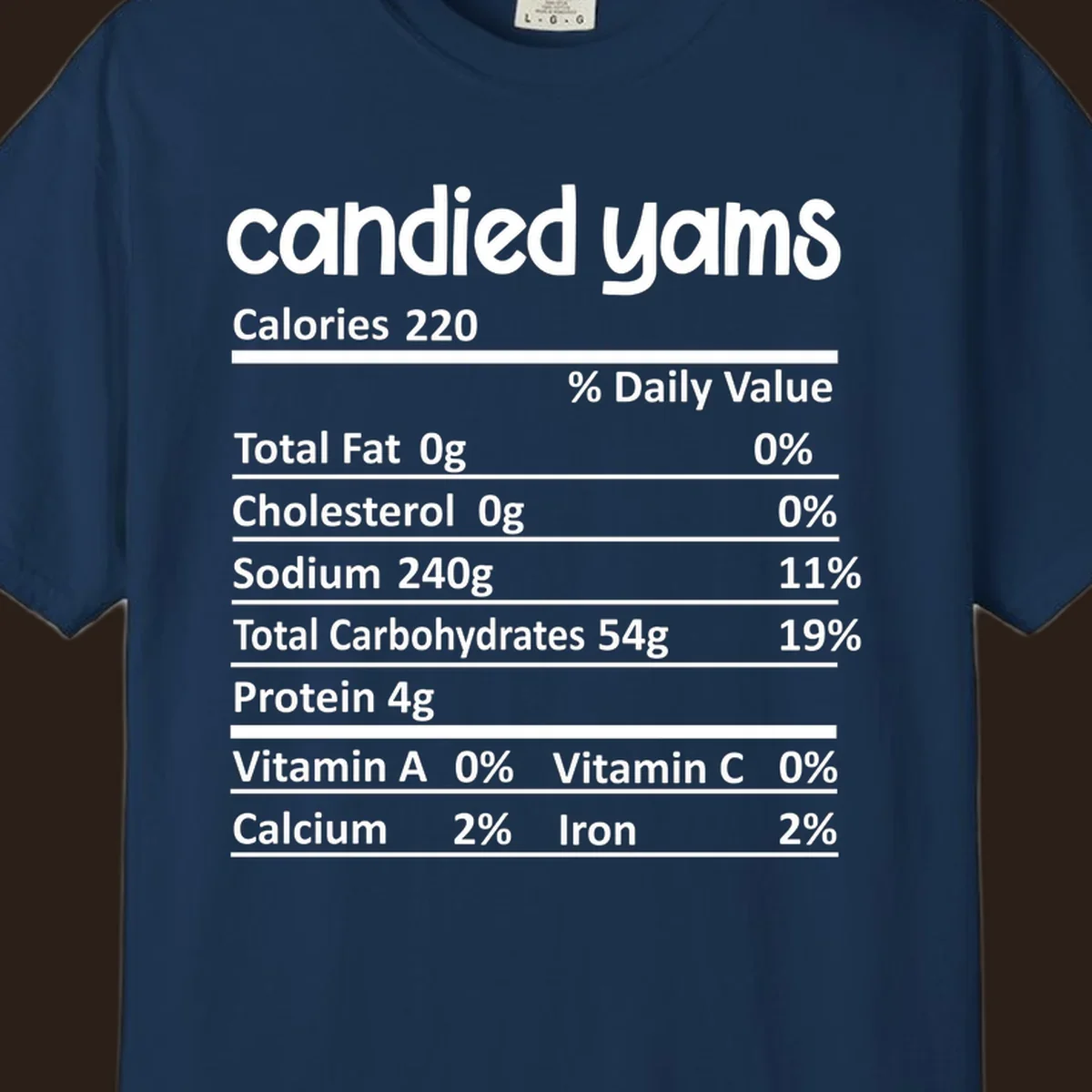 Candied yams nutrition facts label typography design. Thanksgiving food.