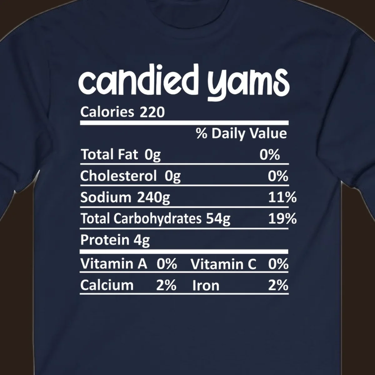 Candied yams nutrition facts label typography design. Thanksgiving food.