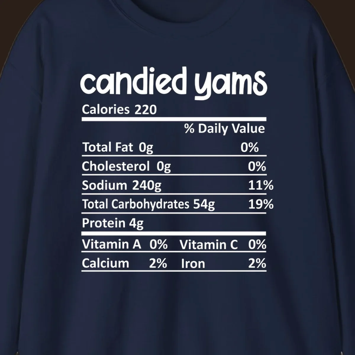 Candied yams nutrition facts label typography design. Thanksgiving food.