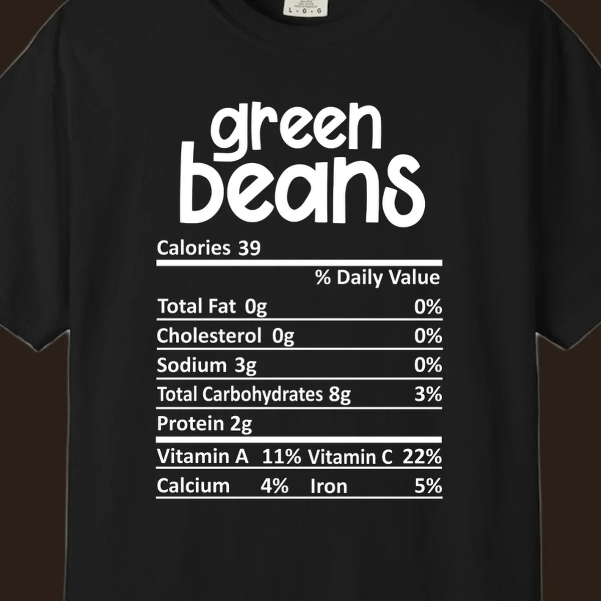 Green beans nutrition label design with white text on a black background.