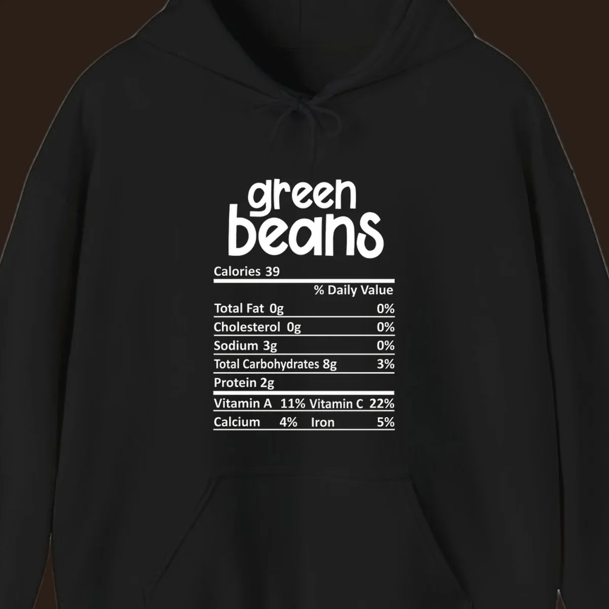 Green beans nutrition label design with white text on a black background.