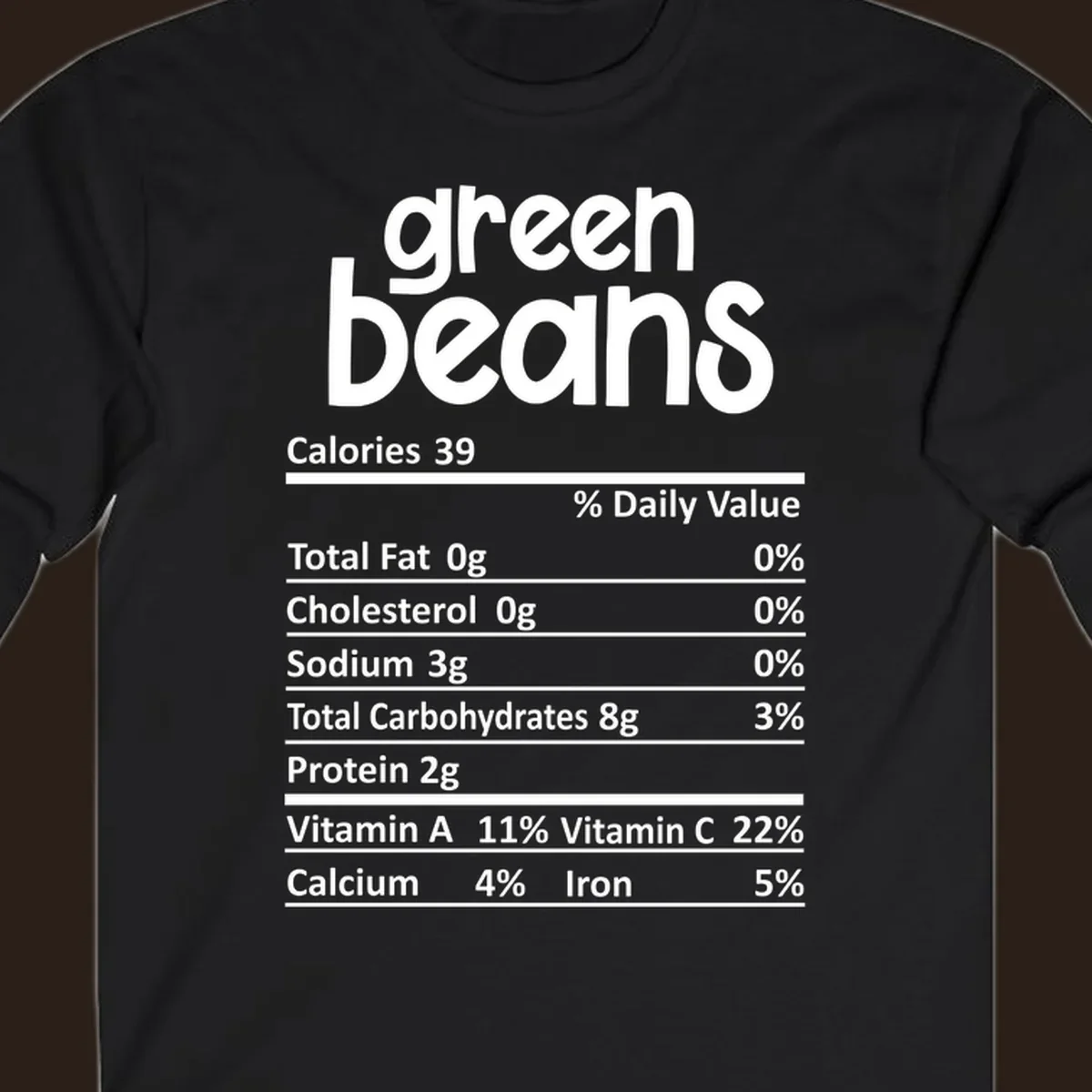 Green beans nutrition label design with white text on a black background.