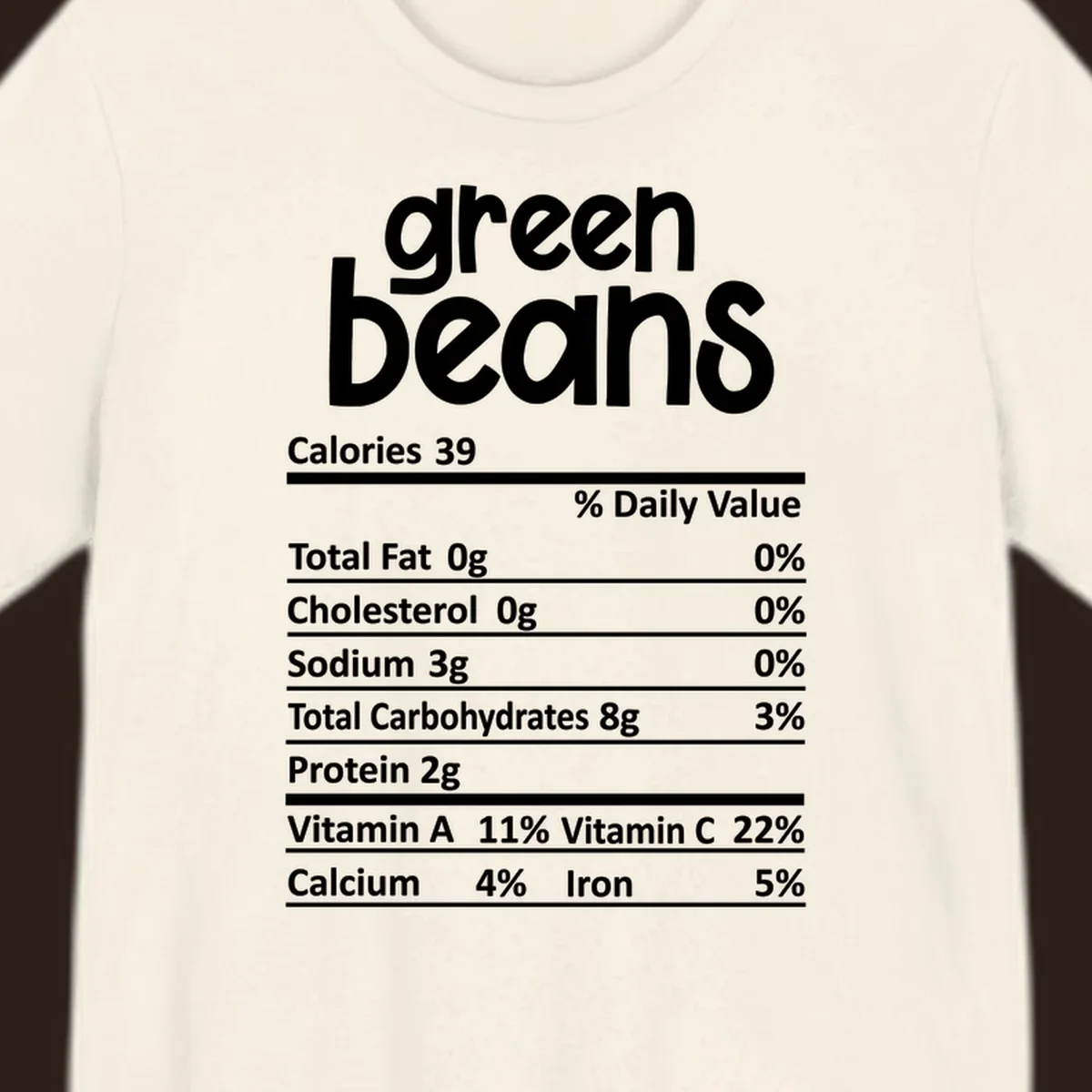 Green beans nutrition label design with white text on a black background.