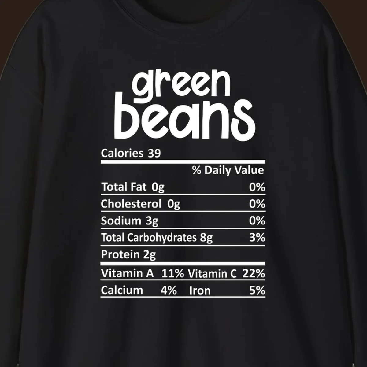 Green beans nutrition label design with white text on a black background.