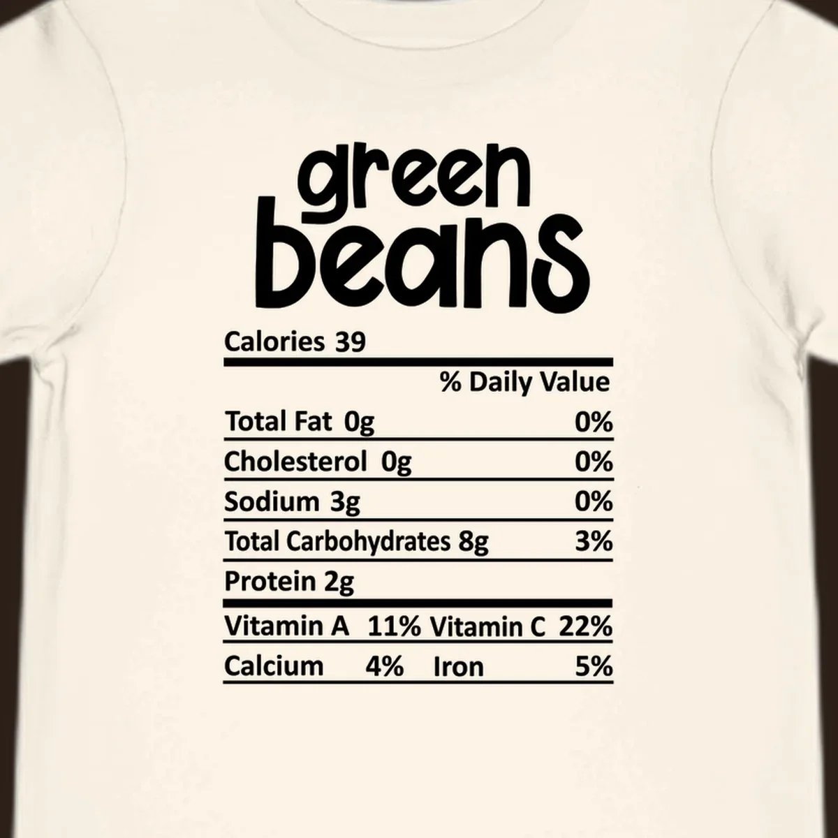 Green beans nutrition label design with white text on a black background.