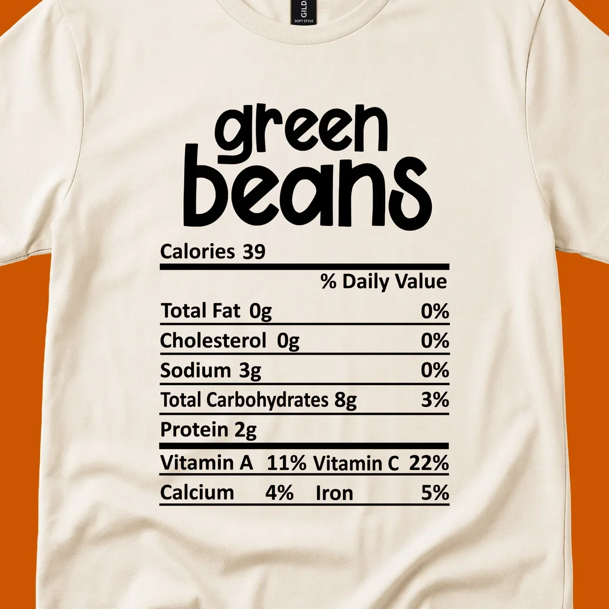 Green beans nutrition label design with white text on a black background.