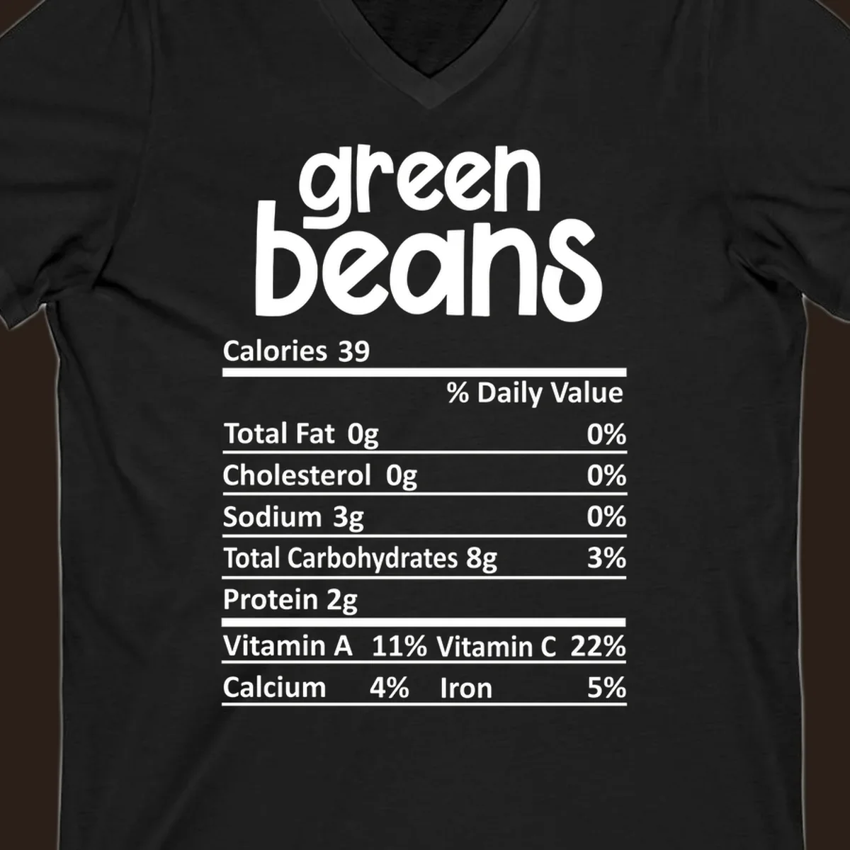 Green beans nutrition label design with white text on a black background.