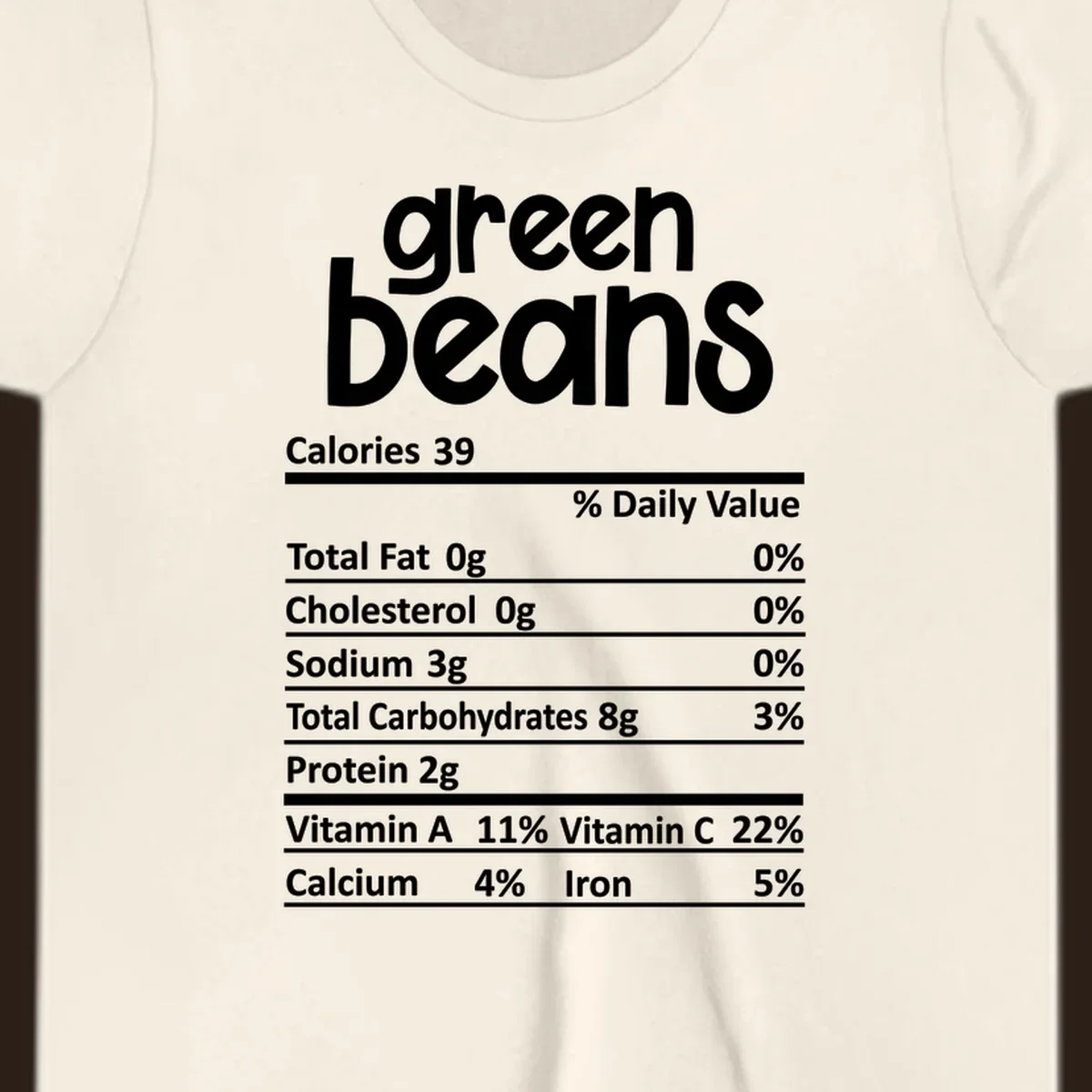 Green beans nutrition label design with white text on a black background.