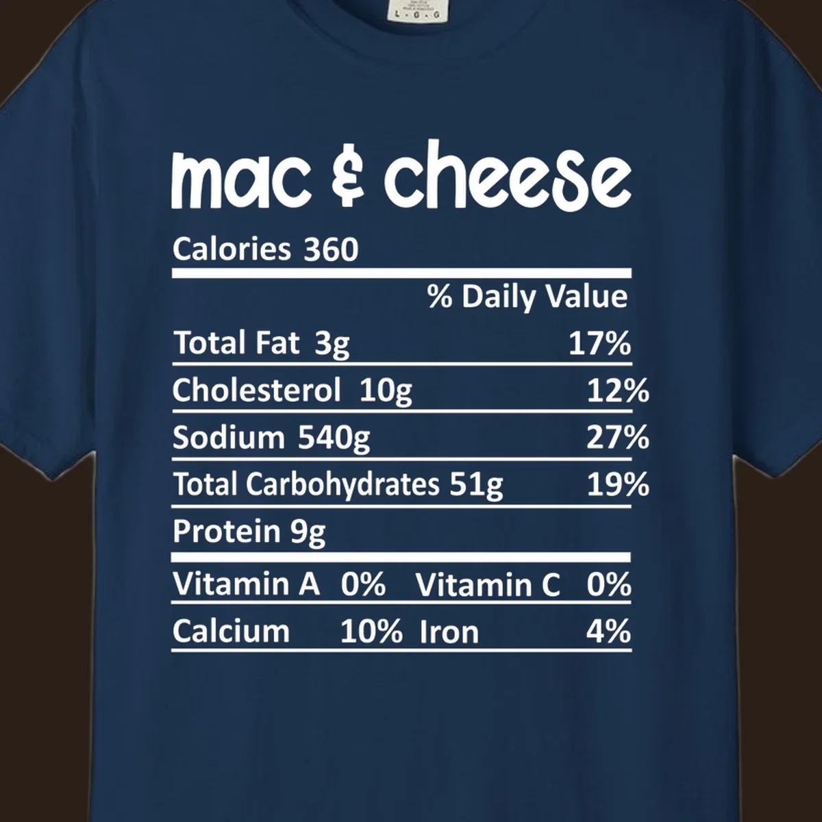 Mac & Cheese Nutrition Facts label design with white text on black.