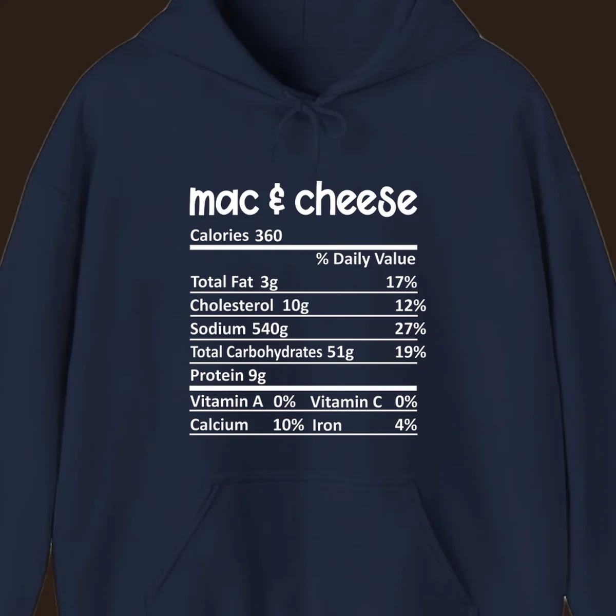 Mac & Cheese Nutrition Facts label design with white text on black.