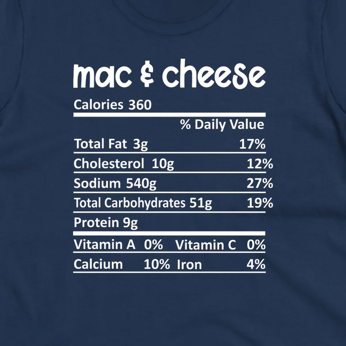 Mac & Cheese Nutrition Facts label design with white text on black.